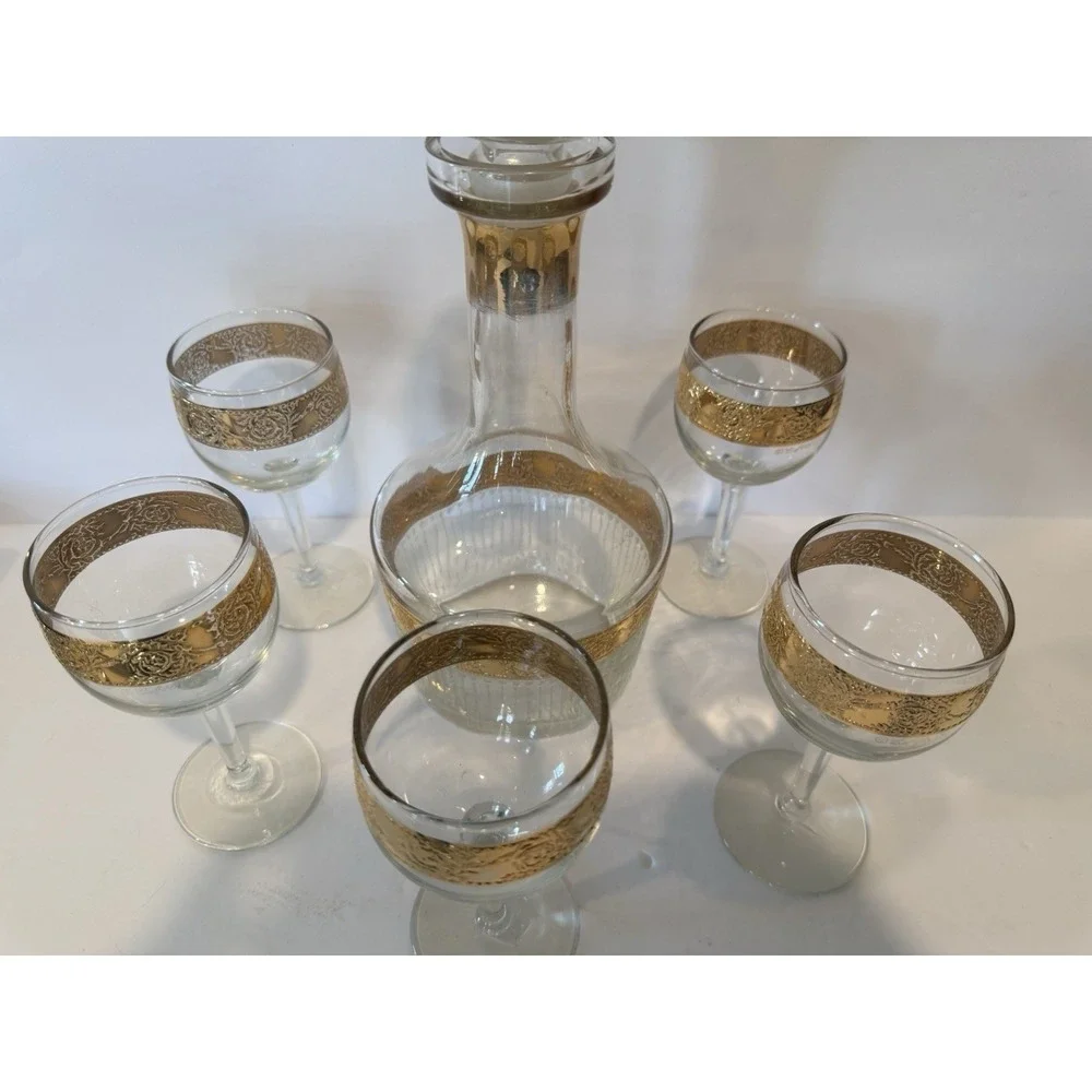 Vintage Culvers Ltd Tyrol 22K Gold Decanter & 5 Wine Glasses Made in USA 1960s